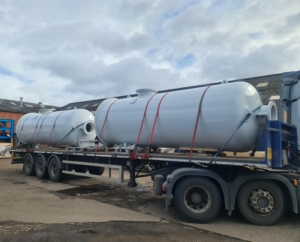 2 Abbott's expansion vessels loaded on a lorry ready to be shipped