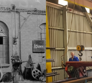 A side by side comparison of an old and modern crane in Abbotts factory
